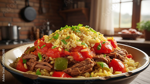 Fototapeta Naklejka Na Ścianę i Meble -  Arroz carreteiro de carne with beef rice tomatoes and spices served in a bowl showcasing vibrant col 97407777 1
