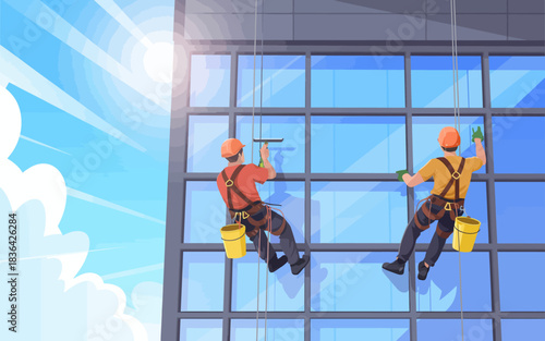 Two skilled window cleaners perform their duties while suspended from a tall building, showcasing their expertise in handling heights and ensuring glass clarity.