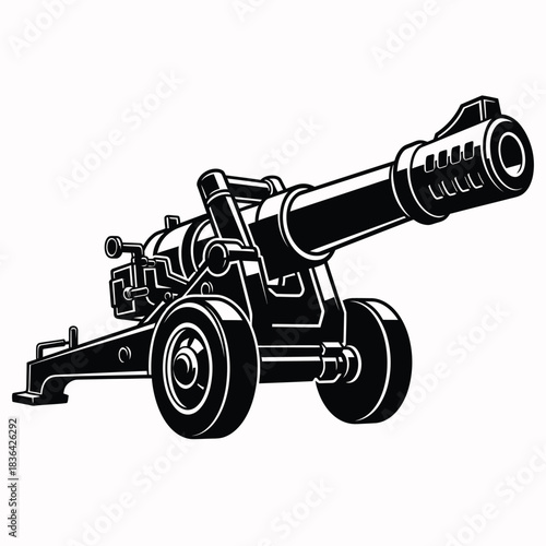 Black silhouette of a historical cannon on a white background