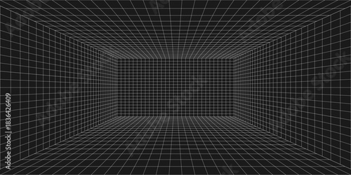 Room projection grid in futuristic 3d style. Outline futuristic grid background, room projection. Wireframe grid template in perspective view