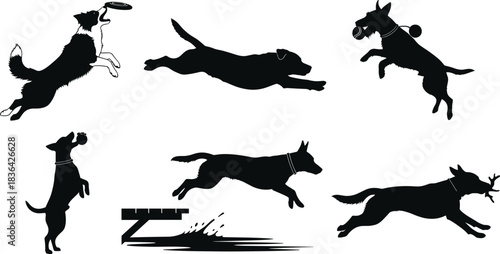 Dynamic dog silhouette collection showing high energy actions like running, jumping, catching frisbee, playing with ball and stick, isolated vector graphic set.