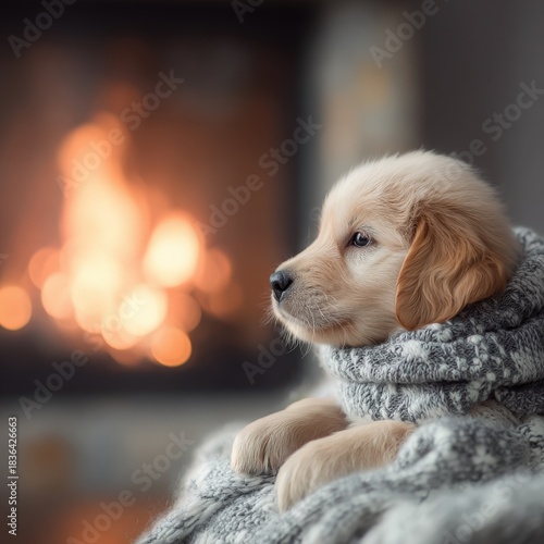 Golden retriever puppy wearing sweater in front of cozy fireplace