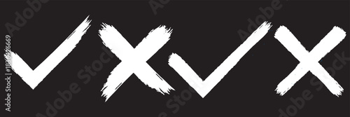Brush, marker drawn check mark and cross icon set Collection of hand drawn drawn tick symbol, chalk checkmark illustration. eps 10
