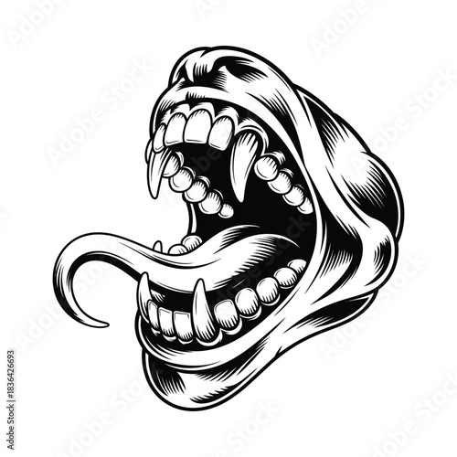 Fierce dog mouth baring fangs and tongue