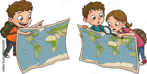 Excited kids with backpacks exploring world map, studying geography, adventure, discovery, and future travel concept.