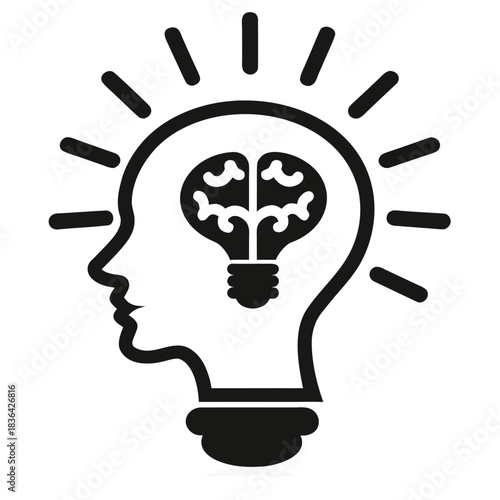 In monochrome, lightbulb with brain inside symbolizes intelligence and insightful thinking process clearly