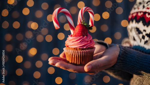 Festive Cupcake with Pink Frosting and Strawberry in Holiday Bokeh Lights