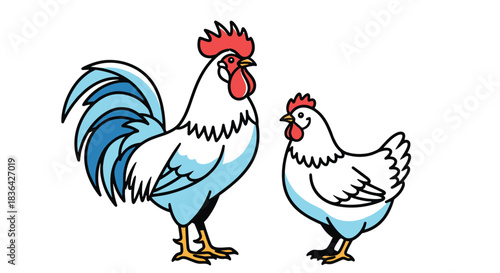 A charming cartoon illustration showcases a white rooster with prominent blue tail feathers standing next to a white hen on a clean background.