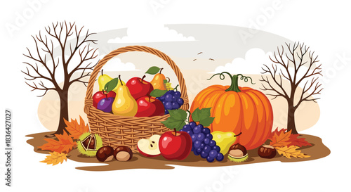 A vibrant autumn harvest scene featuring a wicker basket brimming with fresh fruits, a large orange pumpkin, and colorful fall leaves.
