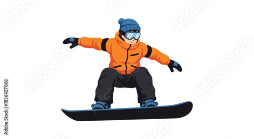 A young snowboarder in an orange jacket and blue beanie balances on a black snowboard, ready for action on the slopes.