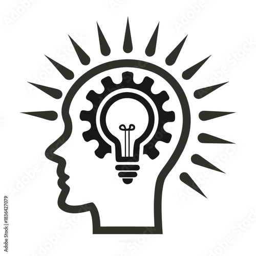 Human profile in black with gear, lightbulb, and rays radiates innovative thinking