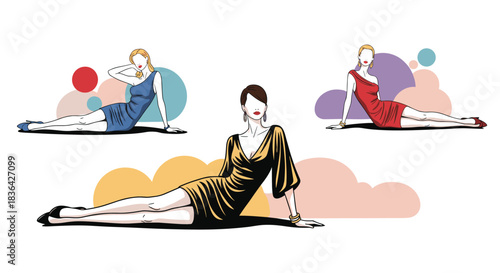 Fashionable women in cocktail dresses showcasing modern elegance and glamour in a vibrant vector illustration with abstract shapes.