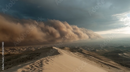 Fototapeta Naklejka Na Ścianę i Meble -  Massive sandstorm rolling across arid desert dunes landscape