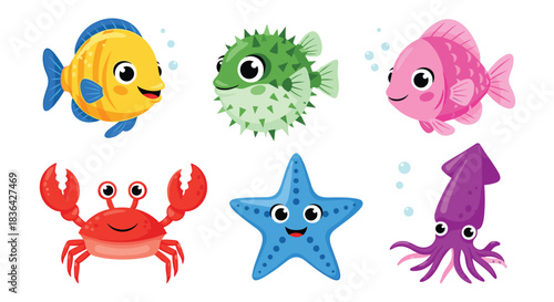 A delightful collection of cute and colorful cartoon sea animals, featuring fish, a pufferfish, crab, starfish, and squid with friendly expressions.