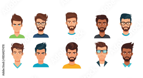 Diverse collection of cartoon male avatar illustrations with various hairstyles, beards, and skin tones for user profiles.
