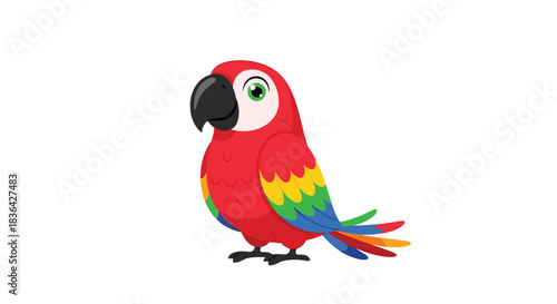 A vibrant and cheerful cartoon parrot illustration, featuring bright red feathers and colorful wings, standing isolated on a white background.