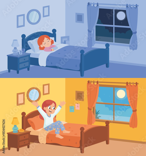A lively depiction of a child sleeping peacefully at night, awakening with joy in a sunny, vibrant room that transitions from nighttime to daytime playfulness.