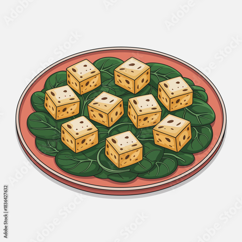 A visually appetizing arrangement of tofu cubes beautifully placed on a bed of fresh baby spinach leaves, perfect for a healthy meal or refreshing salad.