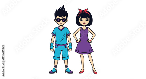 Cartoon illustration of a cool teenage boy in sunglasses and a stylish girl in a purple dress standing together on a white background.