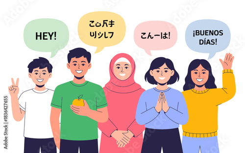 A diverse group of individuals sharing greetings in different languages, expressing inclusivity and cultural connection through joyful interactions and smiles.