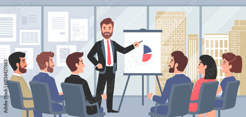 A confident presenter showcases a pie chart in a modern office during a business meeting, reflecting teamwork, professionalism, and effective communication in corporate settings.