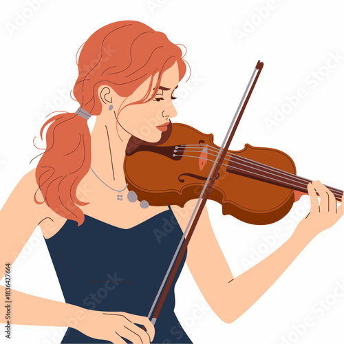 A violinist immersed in her music performance, showcasing talent and dedication while wearing a stylish outfit, capturing the essence of artistic expression.