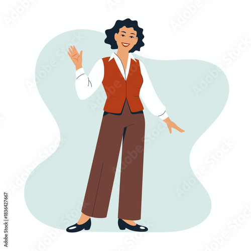 A cheerful woman in a stylish outfit waves enthusiastically, radiating positivity and friendliness in a playful and professional manner, perfect for various themes.