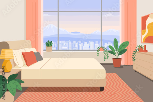 A beautifully designed cozy bedroom showcasing a scenic view through large windows, highlighting modern decor elements that promote tranquility and relaxation at home.