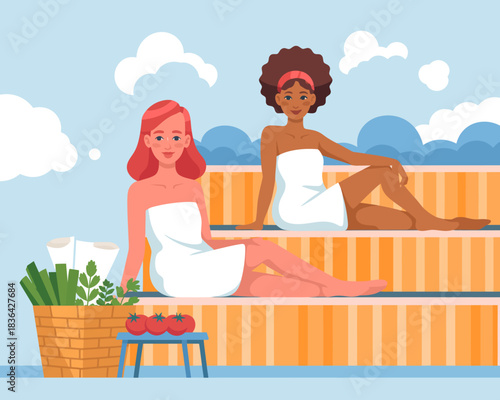 Two women sit comfortably in a serene spa environment, exuding relaxation and tranquility, along with fresh vegetables, signifying self-care and rejuvenation.
