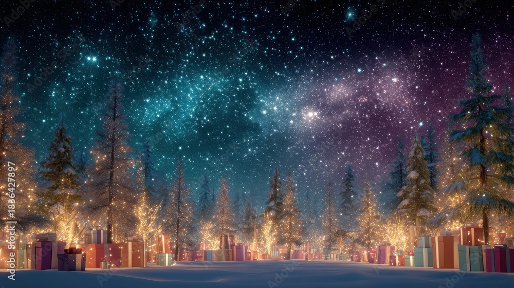 Obraz premium Winter forest with glowing Christmas trees and gifts under a starry night sky. Holiday celebration and festive season concept.