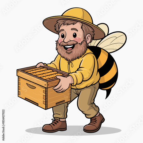 A playful illustration of a cheerful beekeeper with a smile, carrying a honey box, embodying the joy and dedication involved in beekeeping and honey production.
