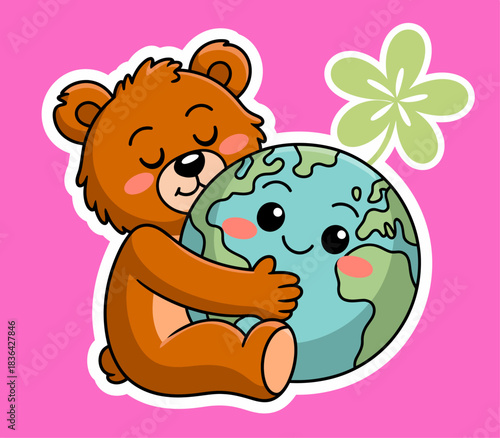 This charming illustration features a cuddly bear embracing the Earth, symbolizing love for nature, care for our planet, and a sense of warmth and happiness.