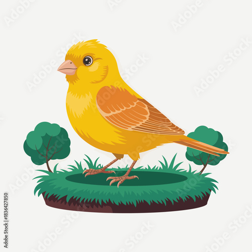 An adorable and cheerful cartoon illustration of a yellow canary bird, perfectly perched on grass, bringing joy and playfulness to any design or project.