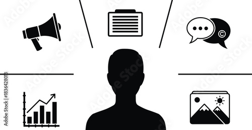 Flat vector illustration of digital marketing strategy concept with human silhouette, icons for business analytics, advertising megaphone, media content, and social media communication bubbles