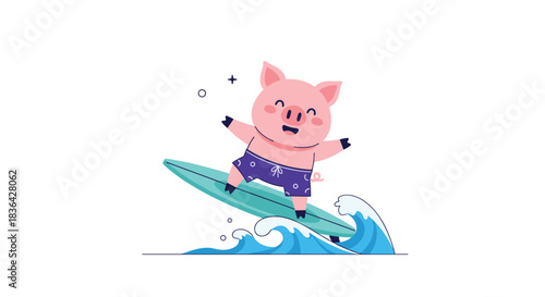 An adorable pink pig with a big smile enthusiastically surfs on a surfboard, riding a blue ocean wave.