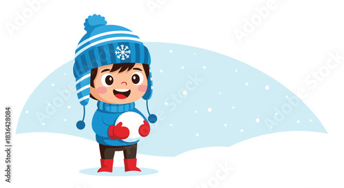 A cheerful cartoon boy wearing a blue winter hat and red mittens happily holds a snowball in a snowy winter scene.