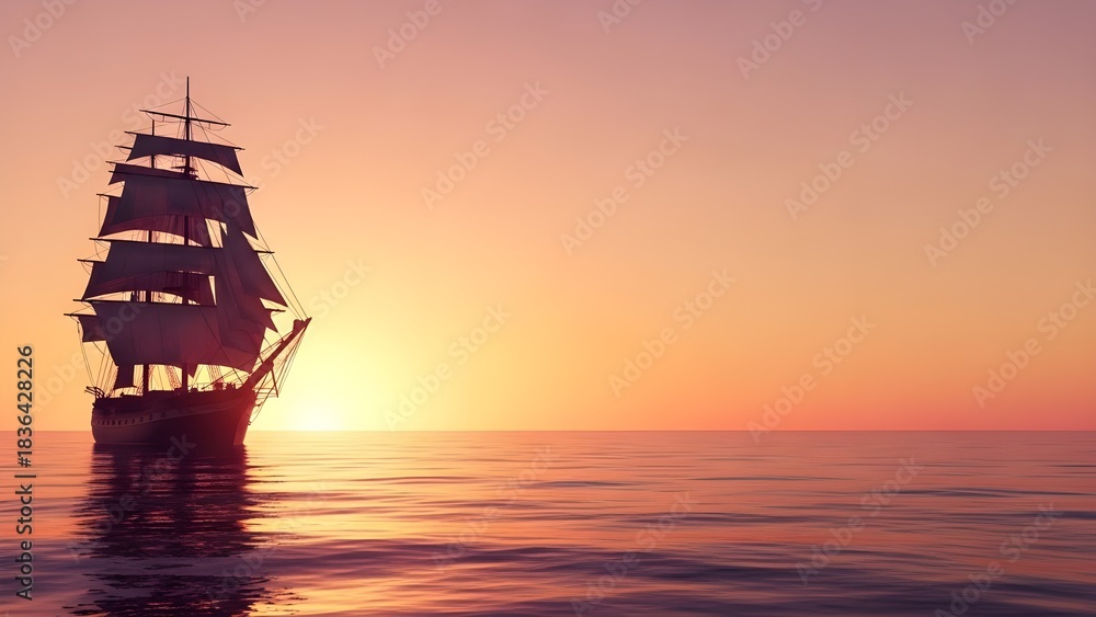 Fototapeta premium Silhouette of a tall ship sailing on the ocean at sunset with warm colors