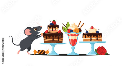 A playful cartoon mouse reaches for a chocolate cake on a dessert table, featuring other cakes, a fruit sundae, and a wrapped candy.