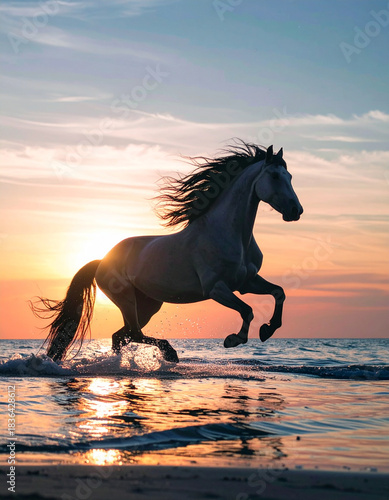 Horses galloping along the coast in the beautiful morning sun　朝日が美しい海岸を疾走する馬