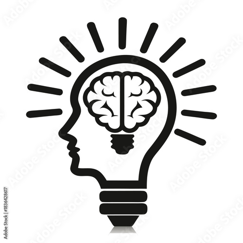 Human head in lightbulb silhouette shows a brain idea in representation