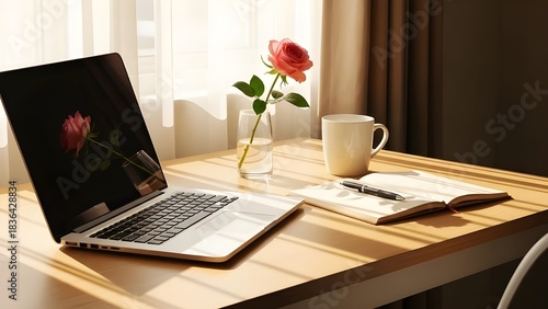 Wallpaper Mural Cozy home office setup with laptop rose coffee and open notebook Torontodigital.ca