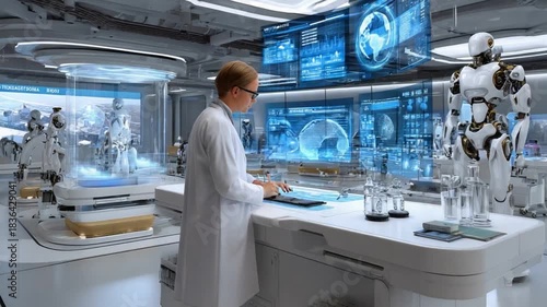 Innovation Unveiled: A scientist meticulously works in a cutting-edge laboratory with advanced technology, robots, and digital displays.