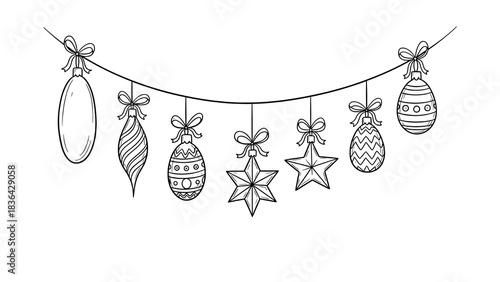 Hand drawn doodle style christmas ornaments hanging on a string isolated on white