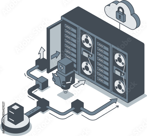 A robot manages automated data backup from a tape server rack to the secure cloud.
