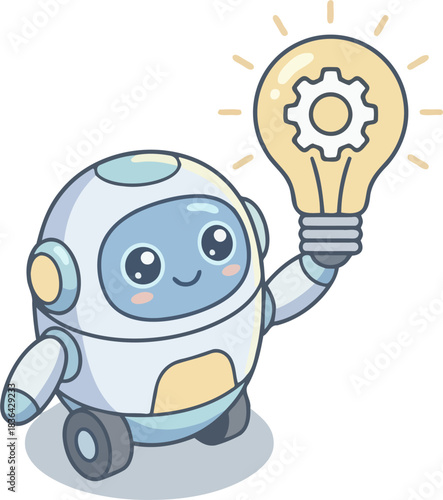 Cute cartoon robot holding a glowing lightbulb with an internal gear, symbolizing a bright technical idea.