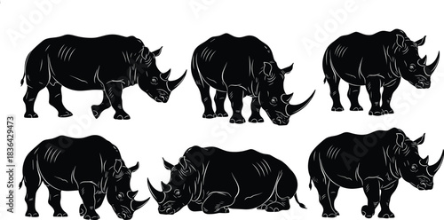 Rhinoceros silhouette collection showing various poses like walking, grazing, standing, and resting, isolated black vector illustration set.