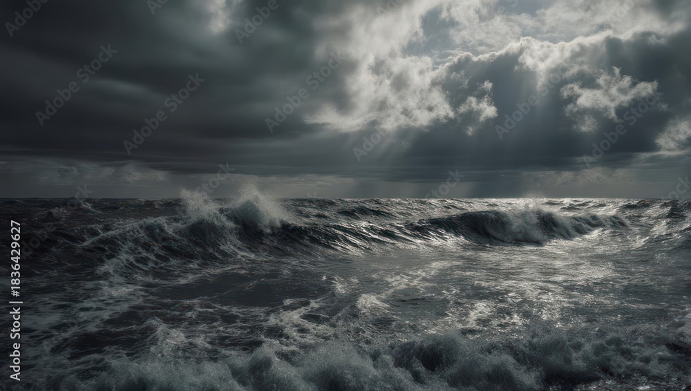 Obraz premium Dramatic Stormy Ocean Waves Under Dark Clouds.