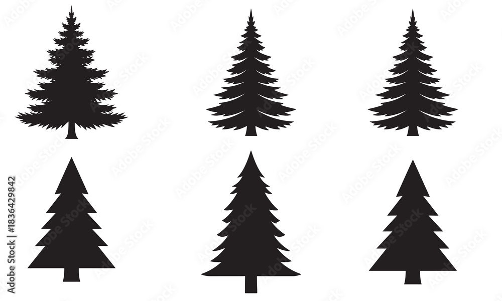 Obraz premium Collection of silhouetted evergreen pine trees in various sizes and styles for graphic design