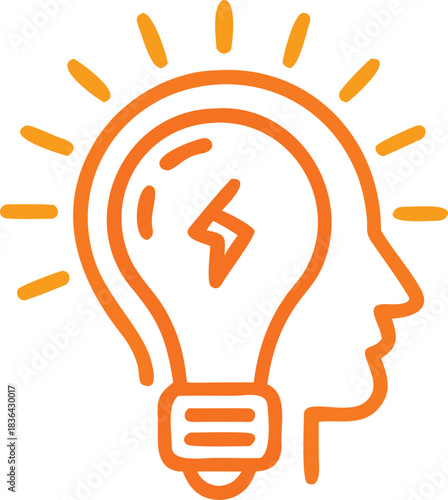 Orange head silhouette has lightbulb inside and lines radiating from it, creating idea