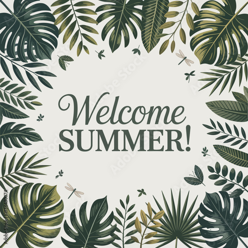 A lush arrangement of tropical leaves welcomes summer with a vibrant message, depicting the freshness of the season and the liveliness of tropical foliage.
